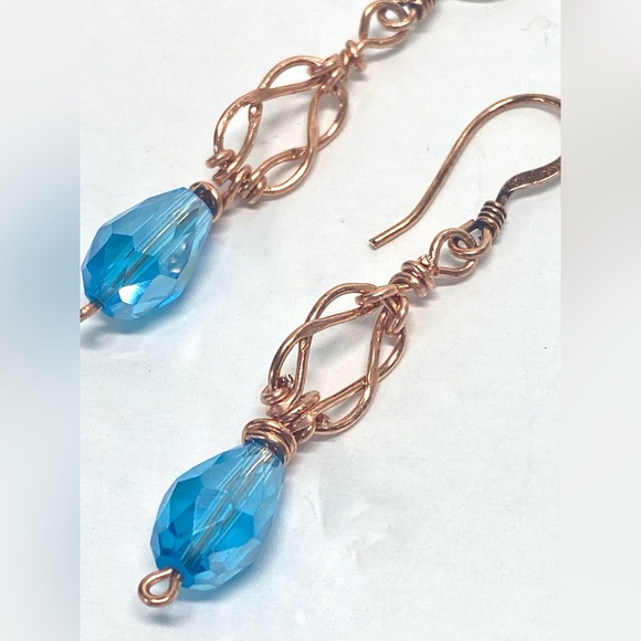 HANDMADE Love Knot Dangle Earrings Hand Wrapped Bare Copper and Crystal Jewelry - Picture 4 of 10